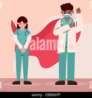 medico eroe, uomo e donna medico personale professionale con cape vettore illustrazione Illustrazione Vettoriale