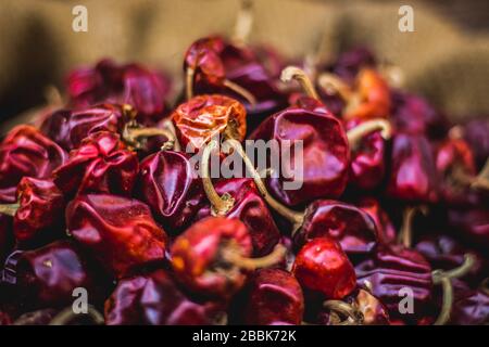 Peperoncino rosso secco. Primo piano di peperoncino rosso piccante su sfondo rosso peperoncino per cucina. Concetto di cibo. Vista dall'alto. Street Market view. Foto Stock