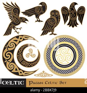 Set Celtic Magic. Celtic Horned Moon and Sun, Celtic Owl, Celtic Raven Illustrazione Vettoriale