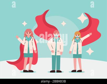 medico eroe, medico di gruppo personaggi professionali con cape vettore illustrazione Illustrazione Vettoriale