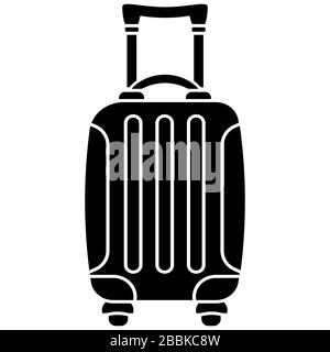 Valigia nera con ruote e manico telescopico icona di silhouette isolato su sfondo bianco. Illustrazione Vettoriale