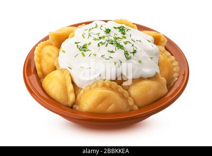 Gnocchi, vareniki russo, pelmeni isolato su sfondo bianco Foto Stock