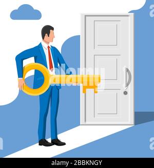 Uomo d'affari che si trova davanti alla porta chiusa e che tiene la chiave grande. Soluzione, vincente, futuro, concetto di successo aziendale. Chiave per aprire le porte di grandi opportunità. Raggiungimento e obiettivo. Illustrazione del vettore piatto Illustrazione Vettoriale