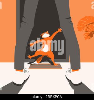 Il coraggioso gatto domestico non lascia che il proprietario vada fuori durante la quarantena di COVID-19. Immagine vettoriale dei personaggi dei cartoni animati. Il concetto di pro Illustrazione Vettoriale