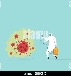 Lavoratore medico con pieno di dispositivi di protezione personale eliminazione di germi di coronavirus mediante spruzzatura disinfettante patogeno del virus COVID-19, tentativo t Illustrazione Vettoriale