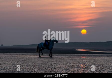 Bellissimo tramonto a Camber Sands con una silhouette di cavalli e cavalieri, Inghilterra Foto Stock