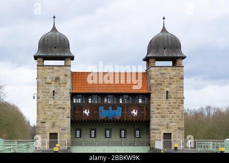 Vecchio blocco albero Henrichenburg, Memorial, Parco di serratura Waltrop, zona della Ruhr, Renania Settentrionale-Vestfalia, Germania, Europa Foto Stock