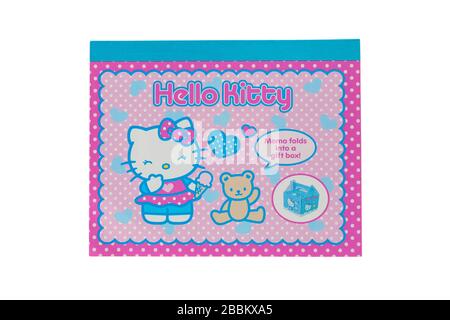 Hello Kitty memo del Blocco note si ripiega in una confezione regalo isolato su sfondo bianco Foto Stock