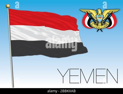 Yemen bandiera ufficiale nazionale e stemma, medio-orientale, illustrazione vettoriale Illustrazione Vettoriale