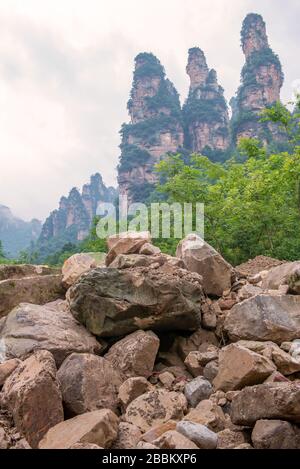 Paesaggio di tre montagna assomiglia (formazione rocciosa di tre sorelle) nella galleria di dieci miglia, la provincia di Hunan Zhangjiajie CINA. Foto Stock