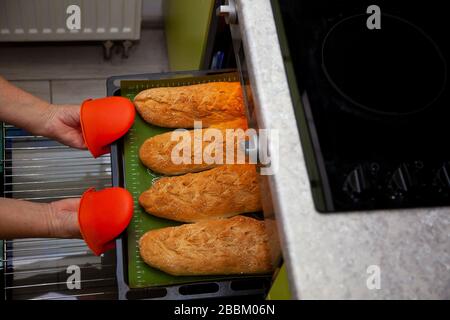 Il pane fatto in casa su una teglia viene estratto dal forno. Pane lungo, baguette a casa in cucina. Prodotti da forno. Cucinare a casa. Foto Stock