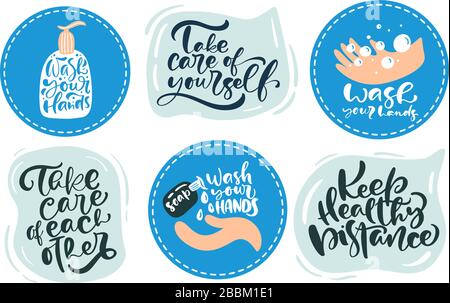 Set di Vector Wash le tue mani loghi e quarantena calligrafia motivazionale scritte icone di testo. Coronavirus Covid-19 poster. Igiene personale e. Illustrazione Vettoriale