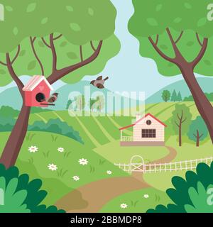 Paesaggio di campagna primaverile con casa, alberi e uccelli. Immagine vettoriale carina in stile piatto Illustrazione Vettoriale