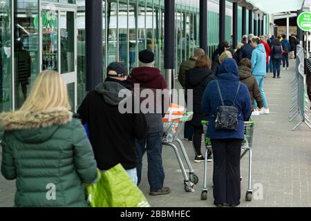 Hamilton, Scozia, Regno Unito. 1° aprile 2020. Lunga coda di acquirenti ad Asda ad Hamilton mantenendo raccomandato il coronavirus sociale distanziamento. Iain Masterton/Alamy Live News Foto Stock