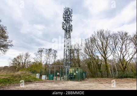 Alta torre di telecomunicazioni a traliccio in acciaio che fa parte della rete di trasmissione di telecomunicazioni mobili, Woking, Surrey, Inghilterra sud-orientale Foto Stock