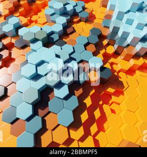 Disegno astratto arancione esagonale in plastica 3d in formato blocco, illustrazione 3d Foto Stock