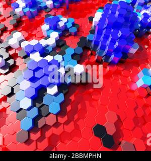 blocchi esagonali in plastica bianca e blu 3d in design astratto, illustrazione 3d Foto Stock