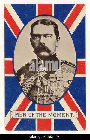 La cartolina patriottica dei primi del 1900 da WW1 era raffigurante Lord Kitchener, 1st Earl Kitchener, Segretario di Stato per la guerra (un ministro del gabinetto) - una di una serie intitolata 'Men of the Moment', pubblicato nel 1915 Foto Stock