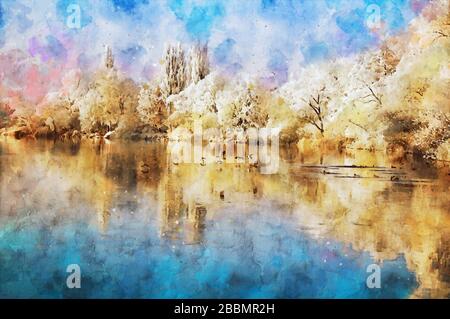 Pittura acquerello del paesaggio invernale del fiume havel. Uccelli innevati sull'acqua. Havelland. Foto Stock