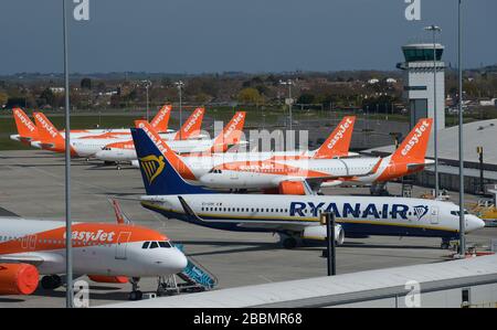 Gli aerei Ryanair e esayJet parcheggiati all'aeroporto di Southend dopo che le compagnie aeree hanno ridotto i voli in mezzo a restrizioni di viaggio e un enorme calo della domanda a causa della pandemia di coronavirus. Foto Stock