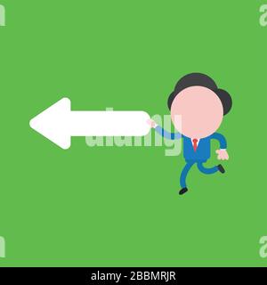Concetto di illustrazione vettoriale del personaggio di un uomo d'affari che corre e tiene la freccia sinistra. Sfondo verde. Illustrazione Vettoriale