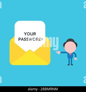 Concetto di illustrazione vettoriale del carattere d'affari che punta la busta aperta e ha scritto la vostra parola d'accesso sulla carta. Sfondo blu. Illustrazione Vettoriale