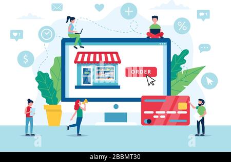 Ordinare generi alimentari online. Pagamento con carta di credito. Personaggi di piccole dimensioni, computer con ordine. Illustrazione vettoriale in stile piatto Illustrazione Vettoriale