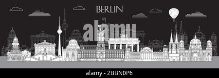 Immagine della linea vettoriale orizzontale dei punti di riferimento di Berlino, Germania. Illustrazione vettoriale dello skyline di Berlino in colore bianco isolato su nero. Mosca v Illustrazione Vettoriale