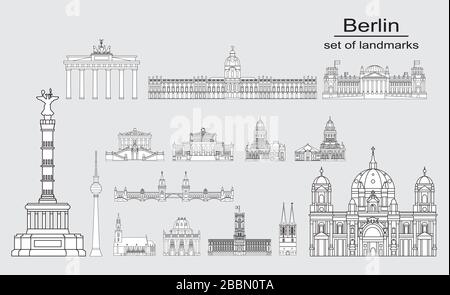 Set di opere d'arte della linea vettoriale che illustrano i luoghi di interesse di Berlino, Germania. Illustrazione vettoriale monocromatica di Berlino isolata su sfondo grigio. Mosca icona, b Illustrazione Vettoriale