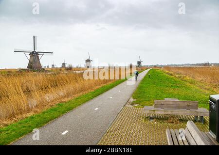 Mulini a vento (pompe eoliche) a Kinderdijk, un villaggio nella provincia olandese del Sud, noto per i suoi iconici mulini a vento del 18th secolo. Foto Stock