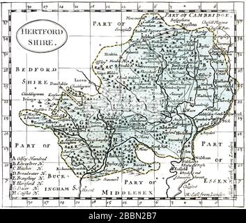 Una vecchia mappa colorata dell'Hertfordshire scannerizzata ad alta risoluzione da un libro pubblicato intorno al 1786. Si ritiene che questa immagine sia libera da tutti i diritti d'autore. Foto Stock