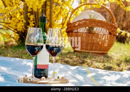 attività a casa durante l'isolamento fare un pic-nic con vino nel proprio giardino Foto Stock