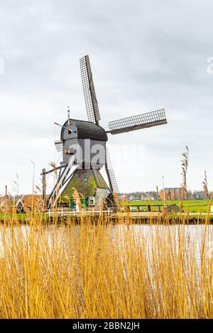 Mulini a vento (pompe eoliche) a Kinderdijk, un villaggio nella provincia olandese del Sud, noto per i suoi iconici mulini a vento del 18th secolo. Foto Stock