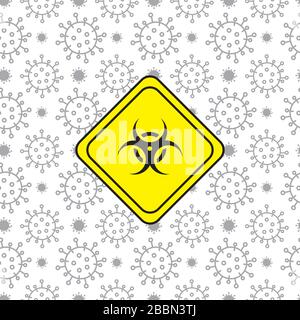 Segnale di avvertimento di quarantena. Area della zona di quarantena con simbolo giallo. Virus Corona su sfondo bianco. Illustrazione del nuovo vettore Coronavirus 2019-nCoV. Illustrazione Vettoriale
