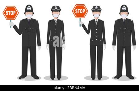 Concetto di polizia e quarantena. Coppia di poliziotti e poliziotti britannici in uniformi tradizionali e maschere protettive in piedi insieme su bianco Illustrazione Vettoriale