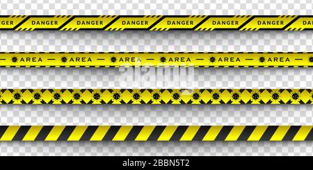 Impostare la progettazione vettoriale dell'avviso di pericolo del virus corona in strisce gialle e nere. Isolato con uno sfondo trasparente. Limitare l'area del virus, quar Illustrazione Vettoriale