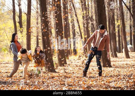 La famiglia gioca all'aperto lascia Foto Stock