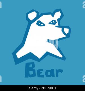 Logo arrabbiato fumetto orso testa emblema. Testa astratta dell'orso con contorno. Stile piatto primitivo, ritagliato di carta. Scheda interattiva per l'apprendimento di Illustrazione Vettoriale