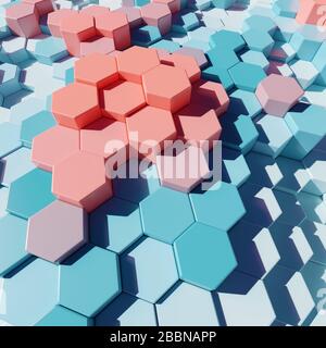 Blocchi a motivi esagonali in plastica pastello 3d in design astratto, illustrazione 3d Foto Stock