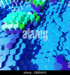 Disegno esagonale 3d in blocchi di plastica astratta in colori blu acquatico, illustrazione 3d Foto Stock