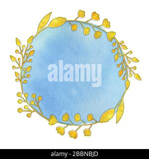 Modello cornice acquerello con rami d'oro. Illustrazione disegnata a mano con spazio per il testo. Acquerello d'oro. Decorazioni per inviti, biglietti di auguri. Foto Stock