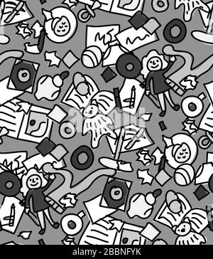 Pavimento con giocattoli per bambini disordine senza cuciture modello scala di grigi Illustrazione Vettoriale