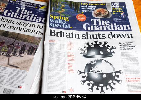 "La Gran Bretagna chiude" prima pagina Guardian headline il 21 marzo 2020 Londra Inghilterra UK Foto Stock