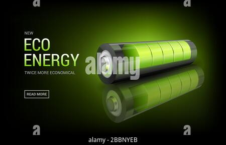 Banner con batteria verde 3d realistica, energia alternativa ambientale. Indicatore dello stato di carica Illustrazione Vettoriale