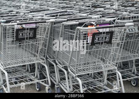 Decine di carrelli vuoti per lo shopping nei supermercati dietro uno Stop & Shop nel centro commerciale Bay Terrace a Bayside, Queens, New York City. Foto Stock