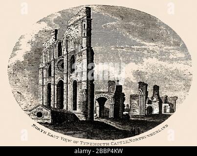 Un'incisione del 1785 del castello e dell'abbazia di Tynemouth, Northumberland, Regno Unito. I resti di oggi si trovano su un promontorio roccioso noto come Pen Bal Crag, affacciato sul molo di Tynemouth e includono le rovine del priorato benedettino, dove furono sepolti i primi re della Northumbria e un cimitero. Foto Stock