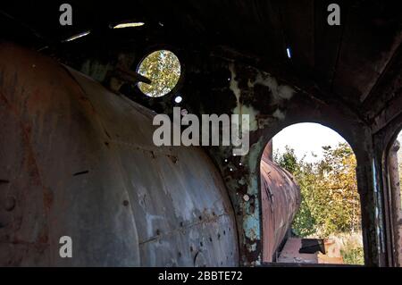 Vecchia locomotiva a vapore della ferrovia disfunzionale che è overgrown con erbacce. Foto Stock