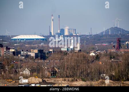 Vista su Gelsenkirchen, direzione nord, Veltins Arena, Schalke Arena, Uniper Kraftwerke GmbH, centrale elettrica a carbone Scholven, Foto Stock