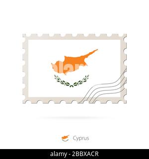 Francobollo con l'immagine della bandiera di Cipro. Bandiera di Cipro Posadio su sfondo bianco con ombra. Timbro vettoriale. Francobollo e bandiera di Cipro. Vettore Illustrazione Vettoriale