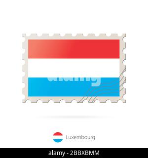 Francobollo con l'immagine della bandiera lussemburghese. Bandiera lussemburghese Posadio su sfondo bianco con ombra. Timbro vettoriale. Francobollo e Lussemburgo f Illustrazione Vettoriale